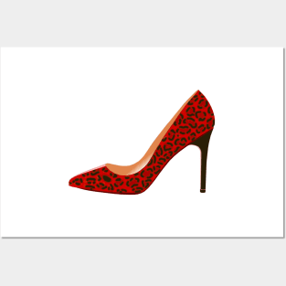 Red Leopard Print High Heel Shoe Posters and Art